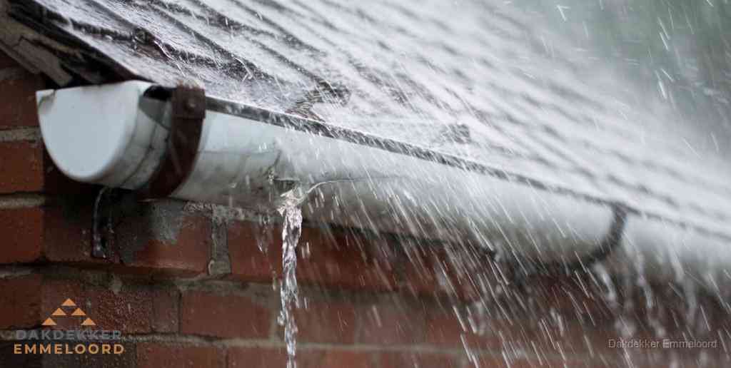 Lekkende dakgoot tijdens regenval in Emmeloord