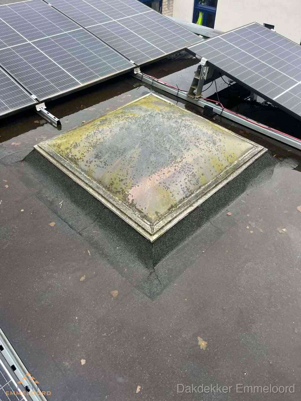 Vervuilde lichtkoepel op plat dak met zonnepanelen in Emmeloord
